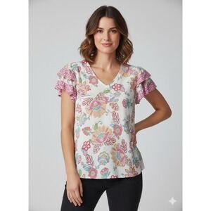 Cynthia Rowley Multicolor Floral Ruffle Sleeve Blouse Women's 1X